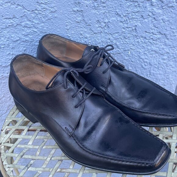 Louis Vuitton Mens Black Leather Lace Up Shoes LV Size 7.5 US 8.5 square toe - Picture 2 of 16